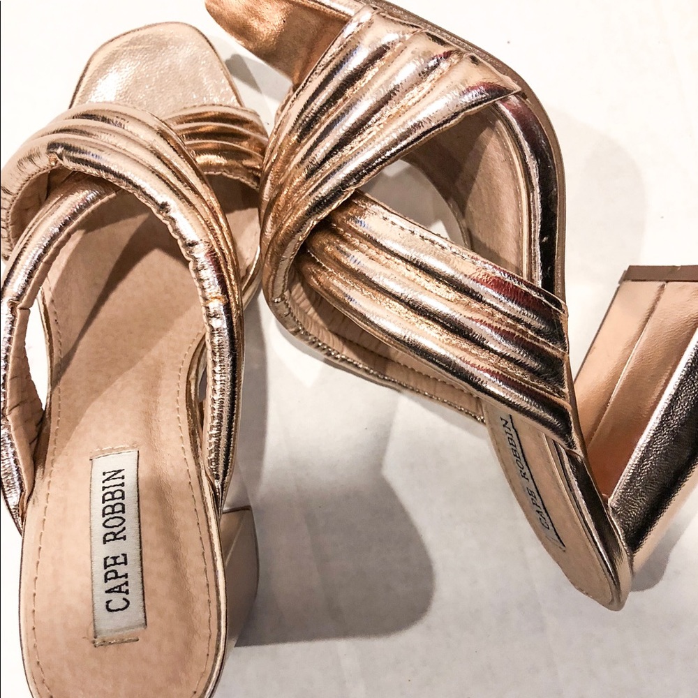 Rose gold open toed square heeled  mule sandals